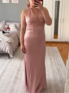 Toasted Mauve satin maxi dress with deep v halter neck tie detail